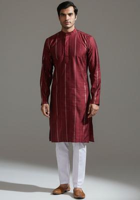 Maroon Striped Silk Kurta Set For Men