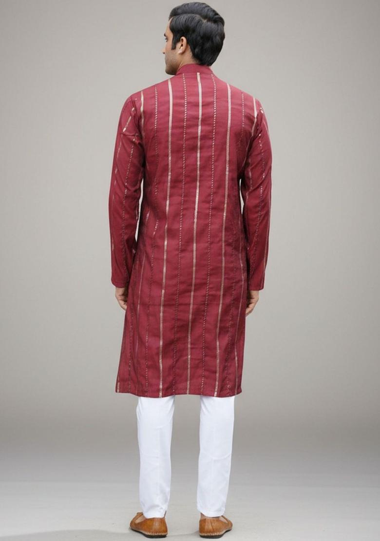Maroon Striped Silk Kurta Set For Men - Indya
