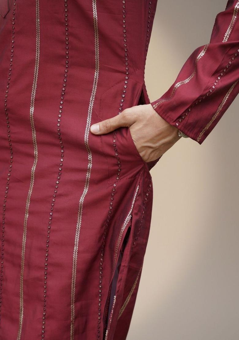 Maroon Striped Silk Kurta Set For Men - Indya