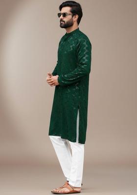 Green Self Design Silk Kurta Set For Men