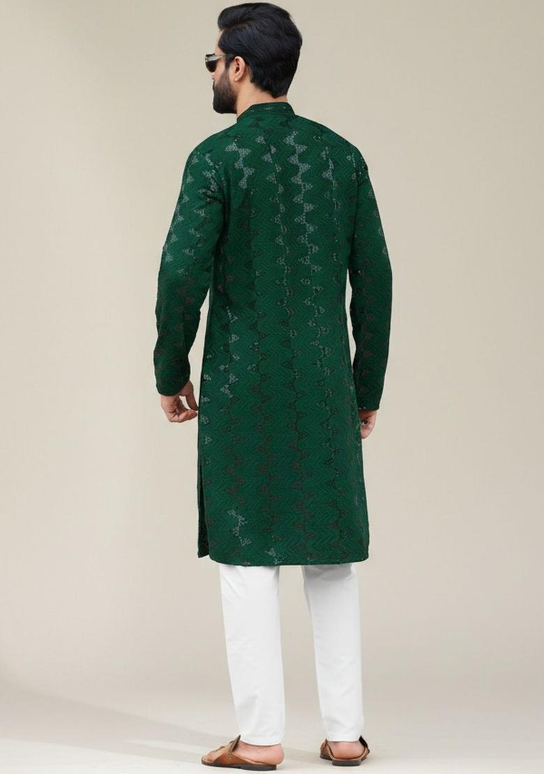 Green Self Design Silk Kurta Set For Men - Indya