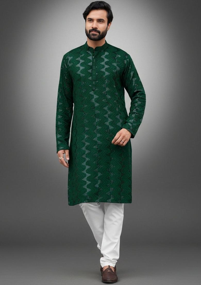 Green Self Design Silk Kurta Set For Men - Indya