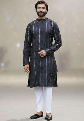 Black Striped Silk Kurta Set For Men
