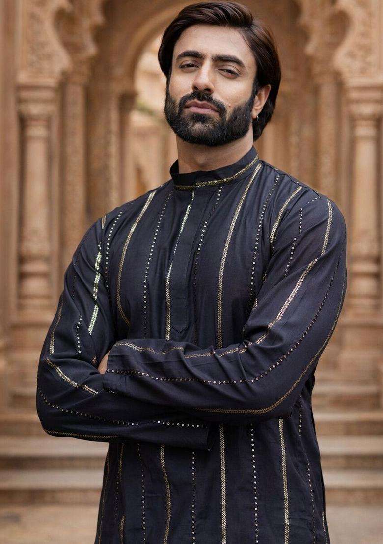 Black Striped Silk Kurta Set For Men - Indya