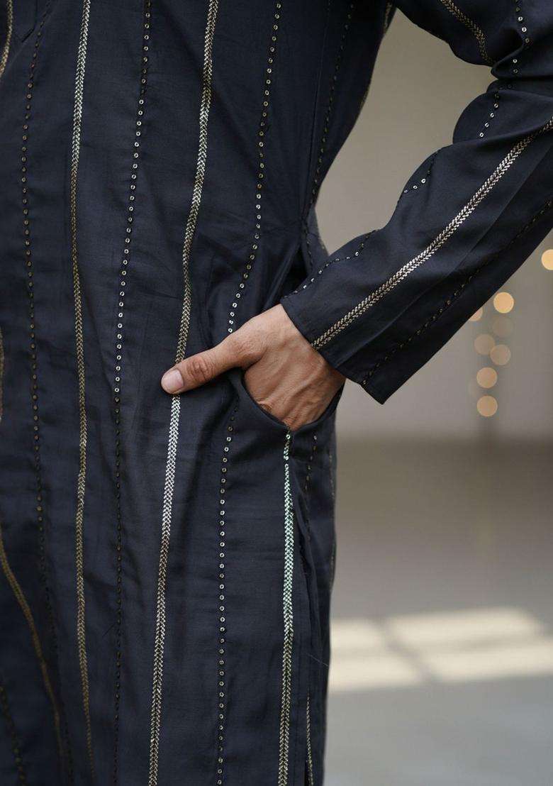 Black Striped Silk Kurta Set For Men - Indya