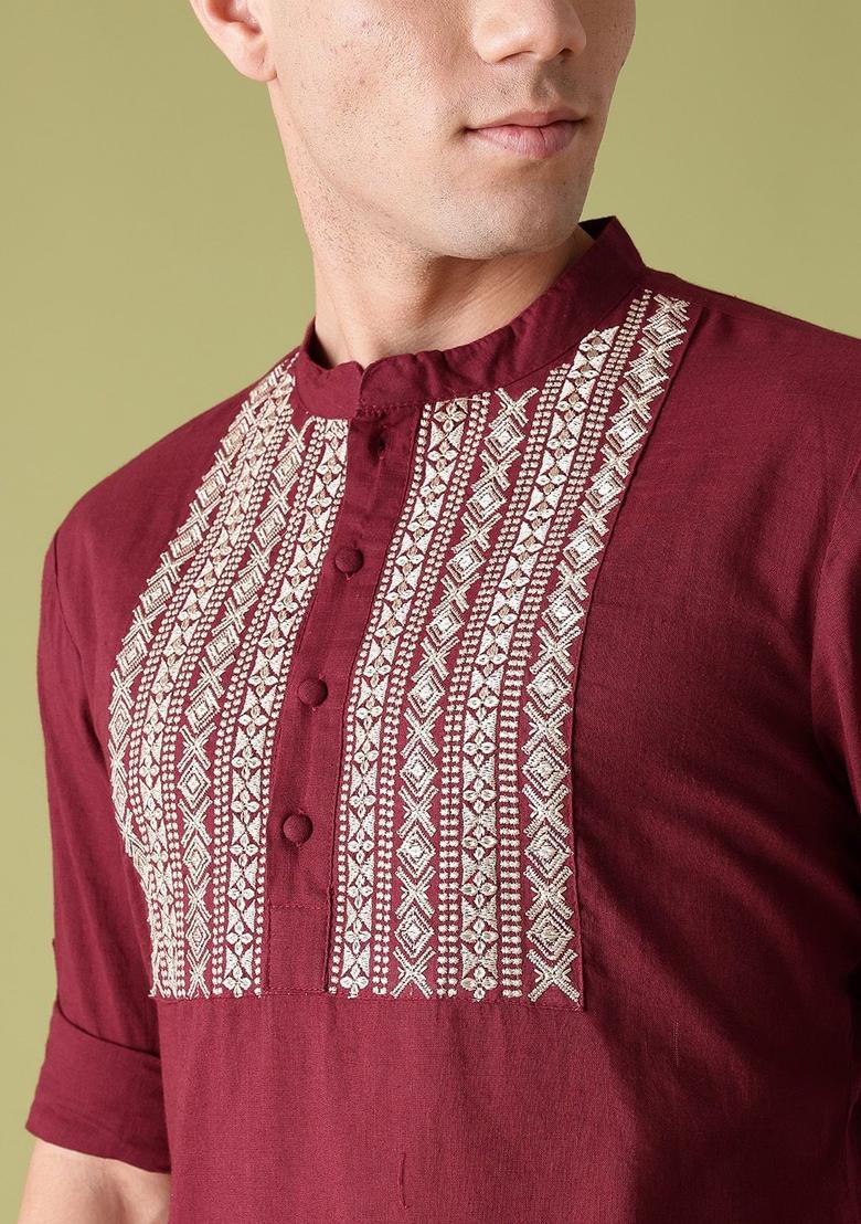 Maroon Yoke Design Cotton Kurta Set For Men - Indya