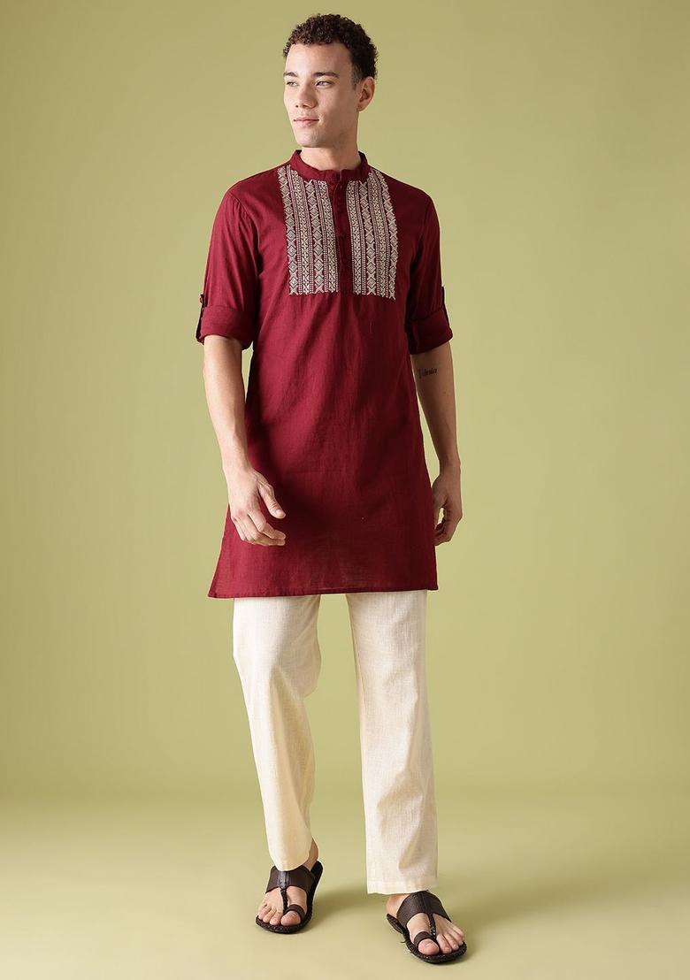 Maroon Yoke Design Cotton Kurta Set For Men - Indya