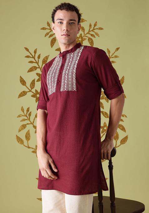 Maroon Yoke Design Cotton Kurta Set For Men
