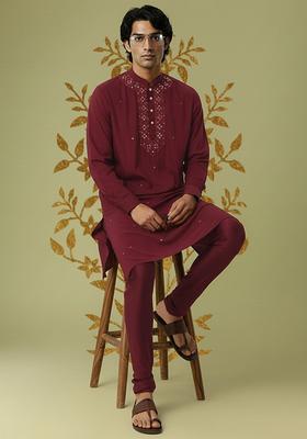 Maroon Embroidered Viscose Kurta Set For Men