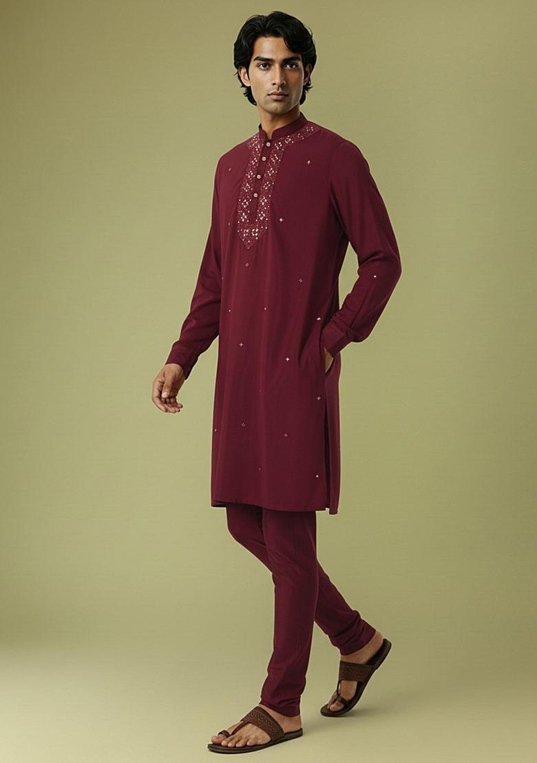 Maroon Embroidered Viscose Kurta Set For Men - Indya