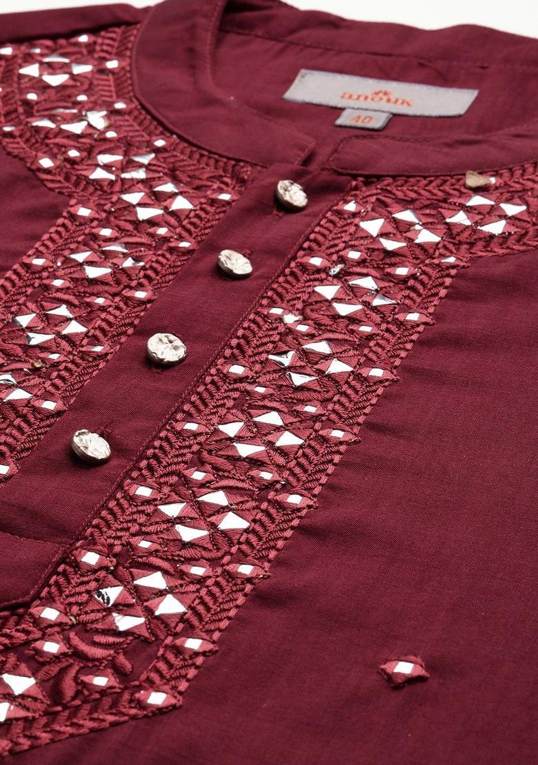 Maroon Embroidered Viscose Kurta Set For Men - Indya