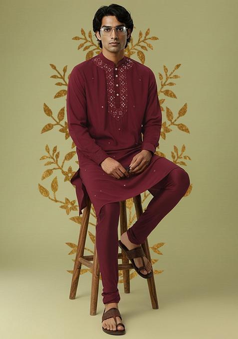 Maroon Embroidered Viscose Kurta Set For Men