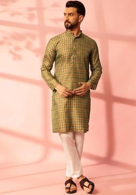 Olive Woven Design Silk Kurta Set For Men