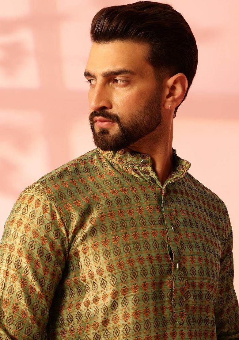 Olive Woven Design Silk Kurta Set For Men - Indya