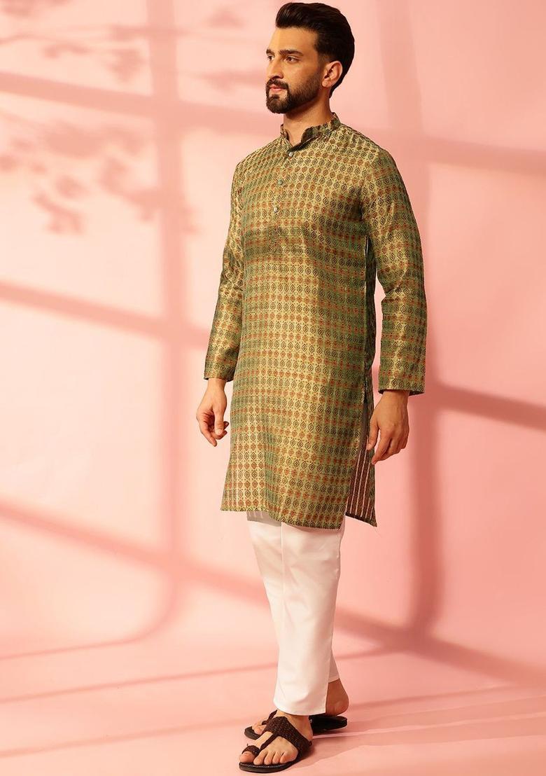 Olive Woven Design Silk Kurta Set For Men - Indya