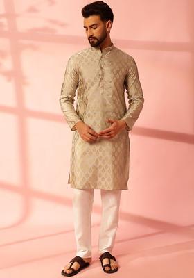 Grey Woven Design Silk Kurta Set For Men