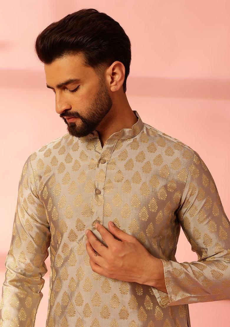 Grey Woven Design Silk Kurta Set For Men - Indya