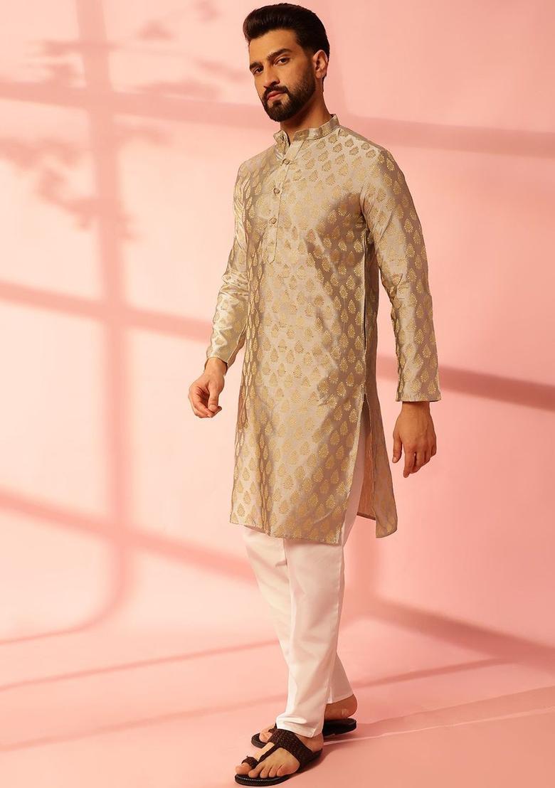 Grey Woven Design Silk Kurta Set For Men - Indya