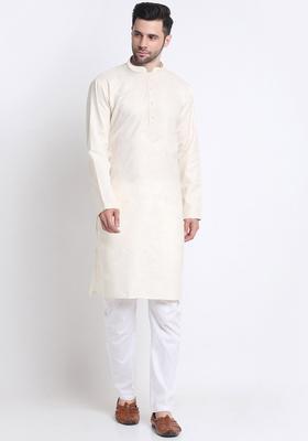 Beige Solid Cotton Kurta Set For Men