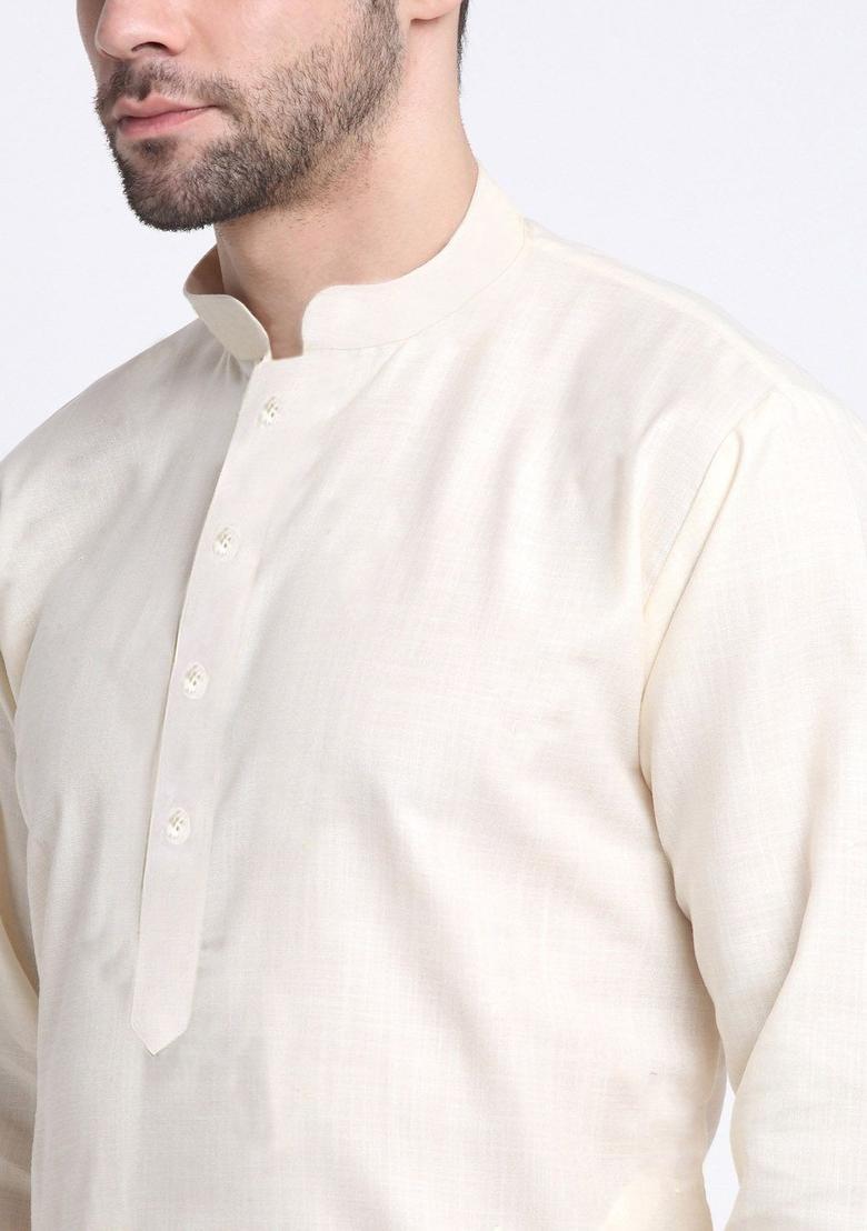 Beige Solid Cotton Kurta Set For Men - Indya