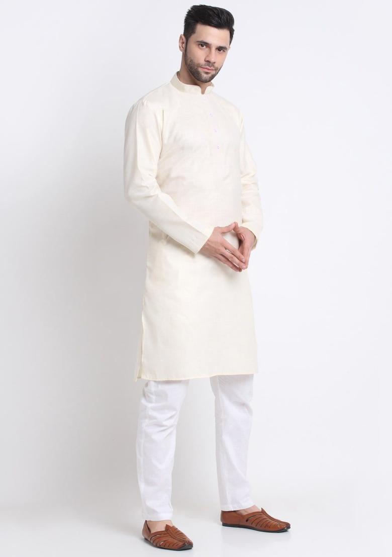 Beige Solid Cotton Kurta Set For Men - Indya