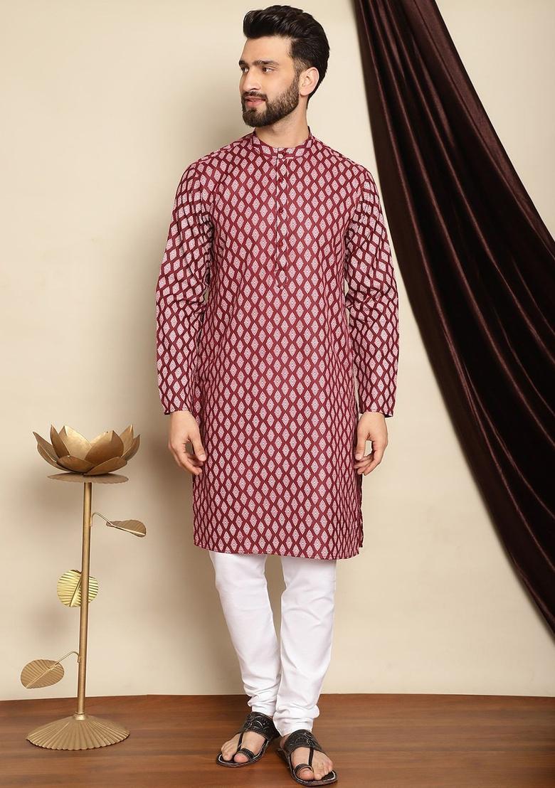 Maroon Printed Cotton Kurta Set For Men - Indya