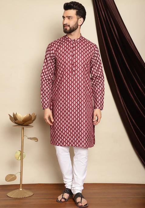 Maroon Printed Cotton Kurta Set For Men