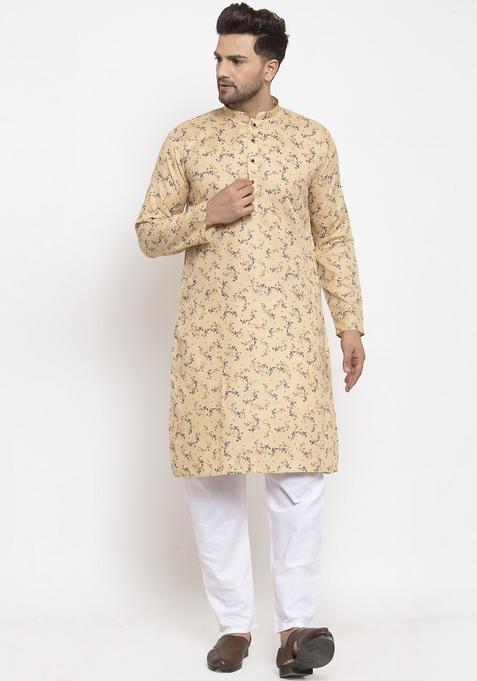 Beige Printed Cotton Kurta Set For Men