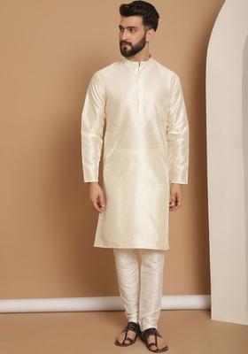 Beige Solid Silk Blend Kurta Set For Men