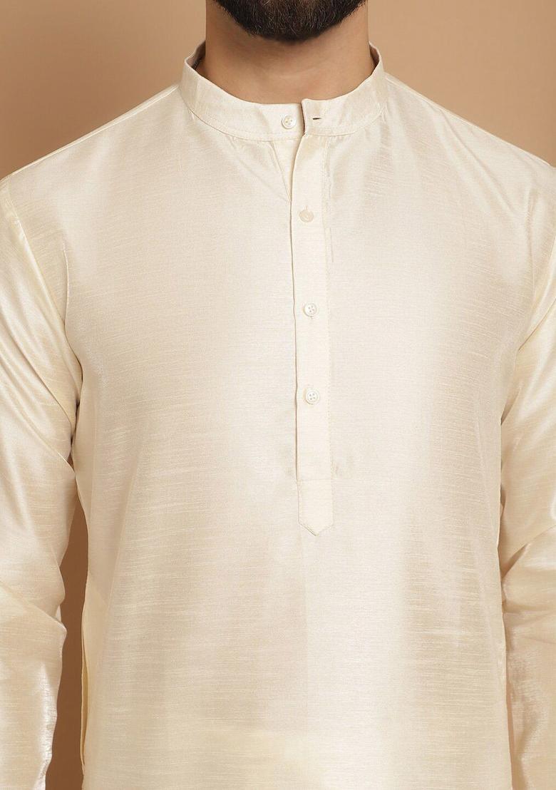 Beige Solid Silk Kurta Set For Men - Indya