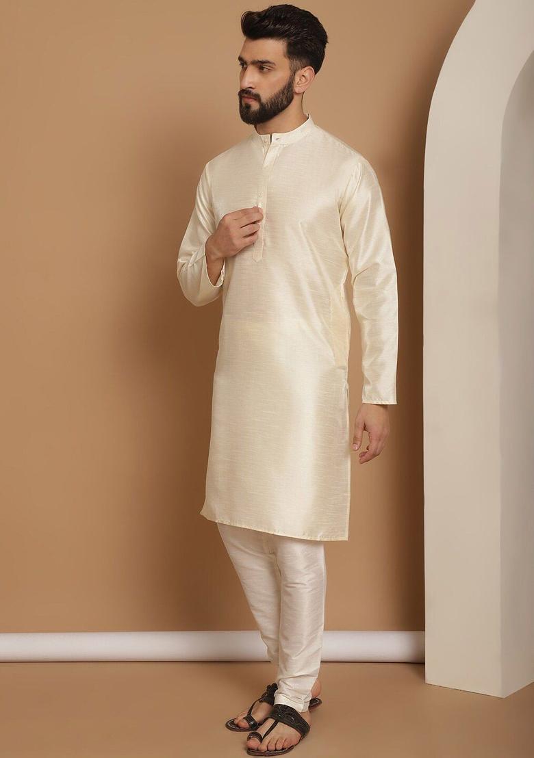 Beige Solid Silk Kurta Set For Men - Indya