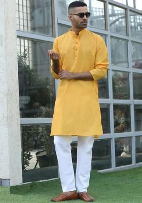 Yellow Self Design Cotton Kurta Set For Men