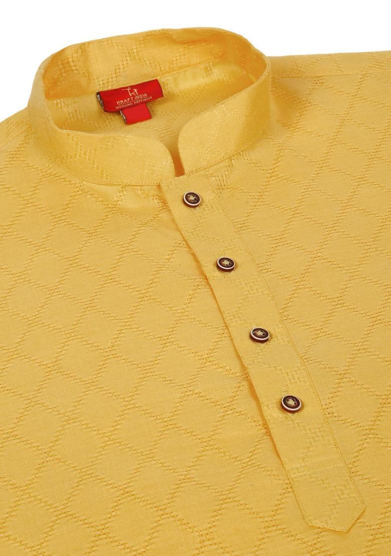 Yellow Self Design Cotton Kurta Set For Men - Indya