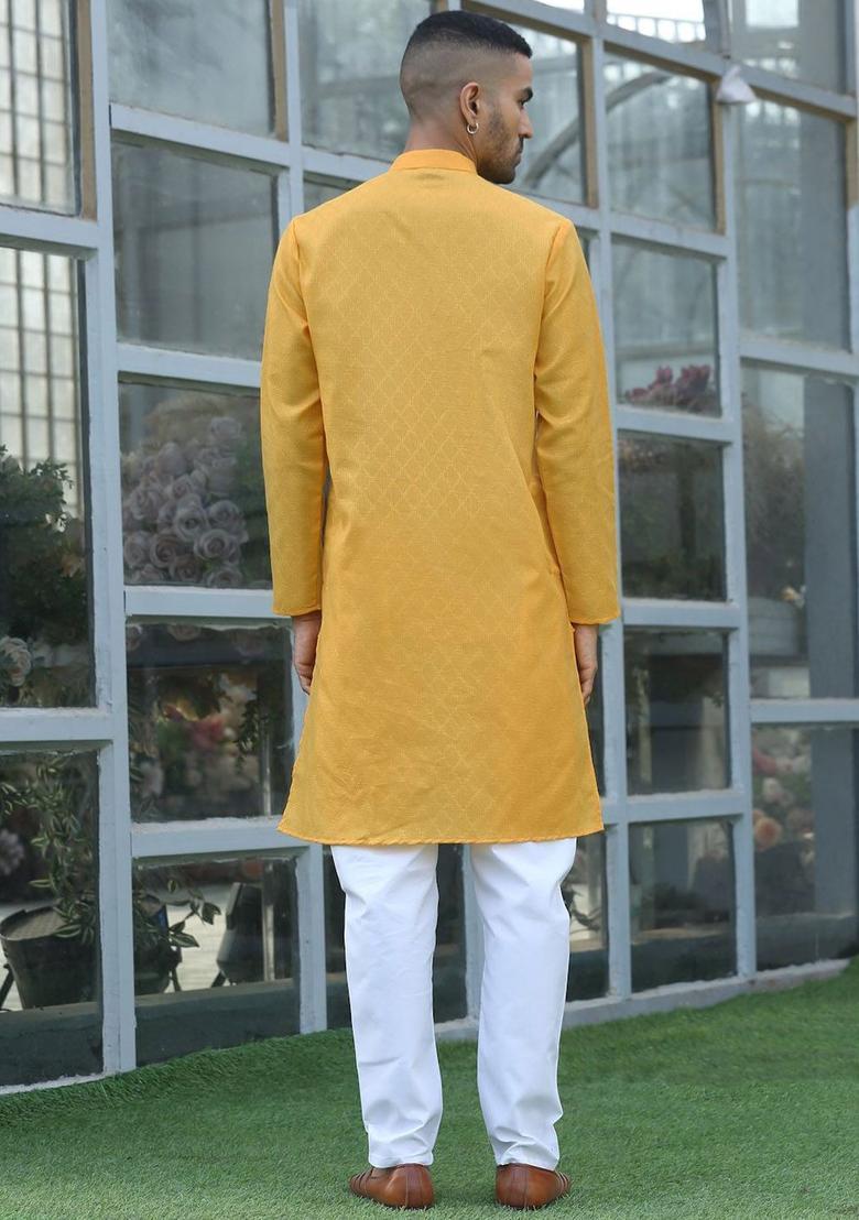 Yellow Self Design Cotton Kurta Set For Men - Indya