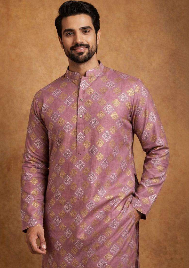 Purple Printed Cotton Kurta Set For Men - Indya