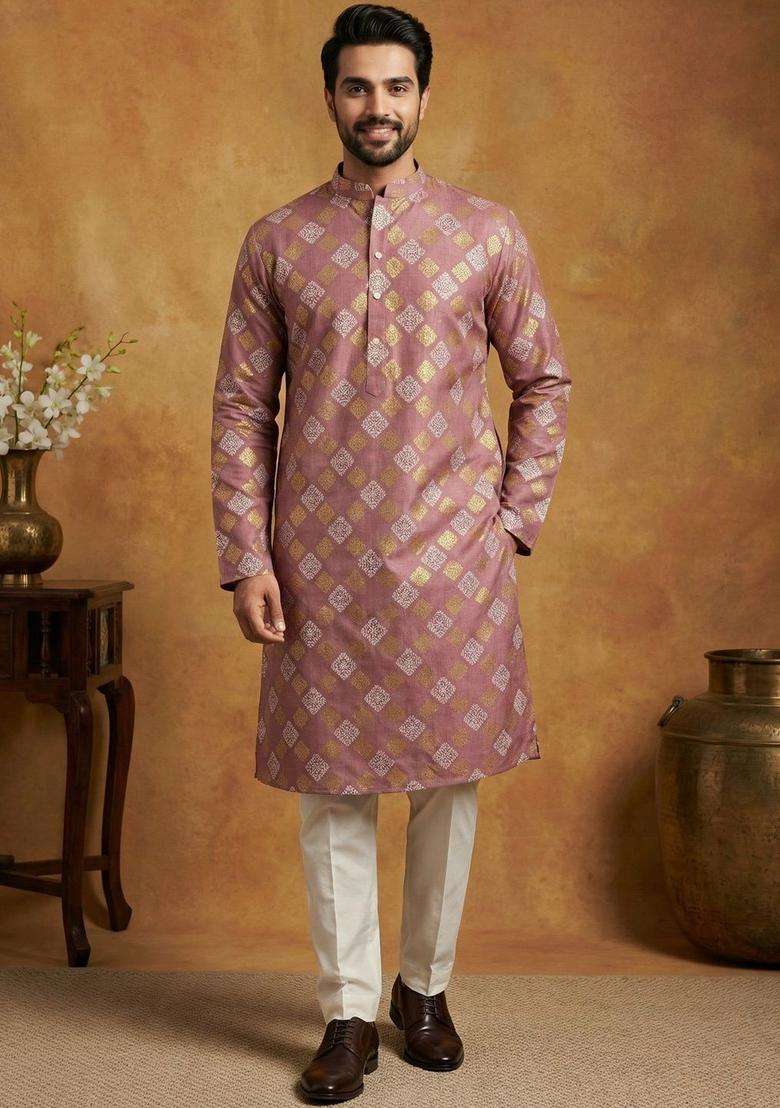 Purple Printed Cotton Kurta Set For Men - Indya