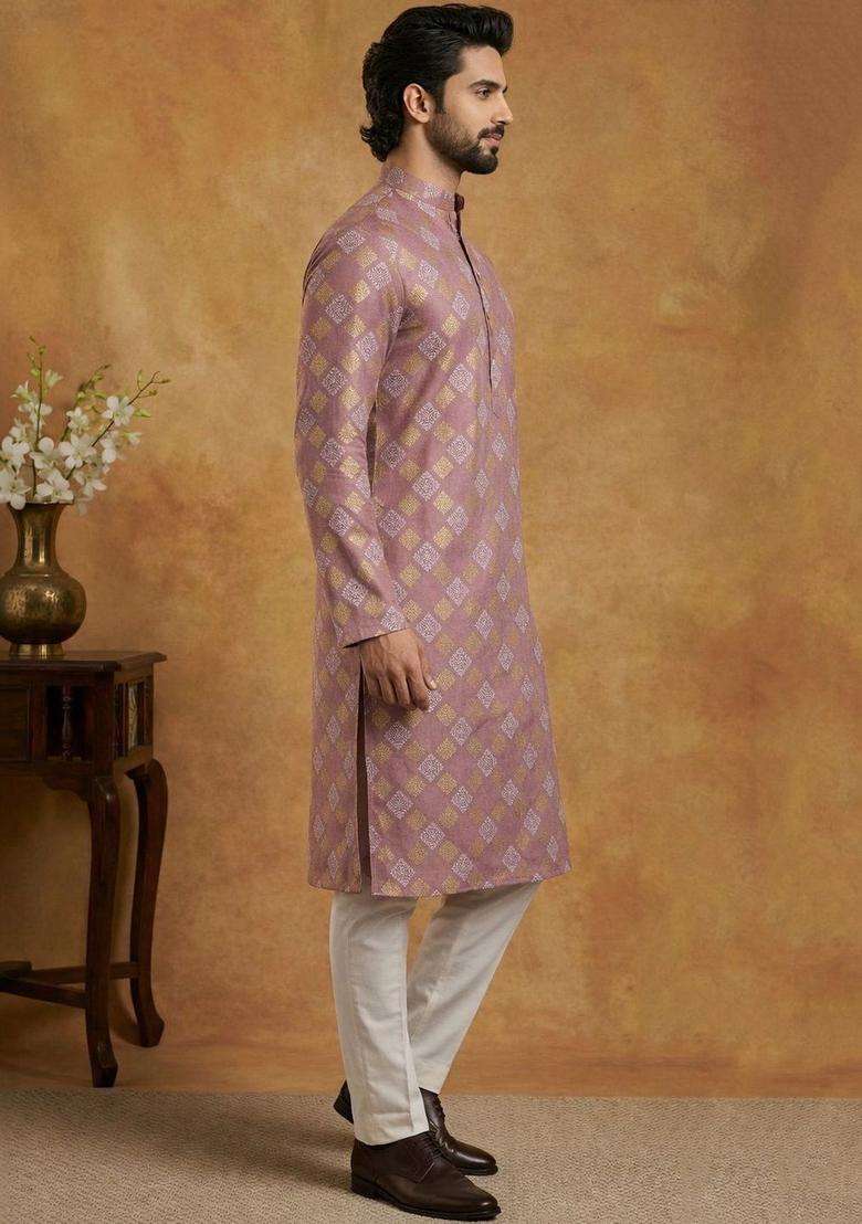 Purple Printed Cotton Kurta Set For Men - Indya