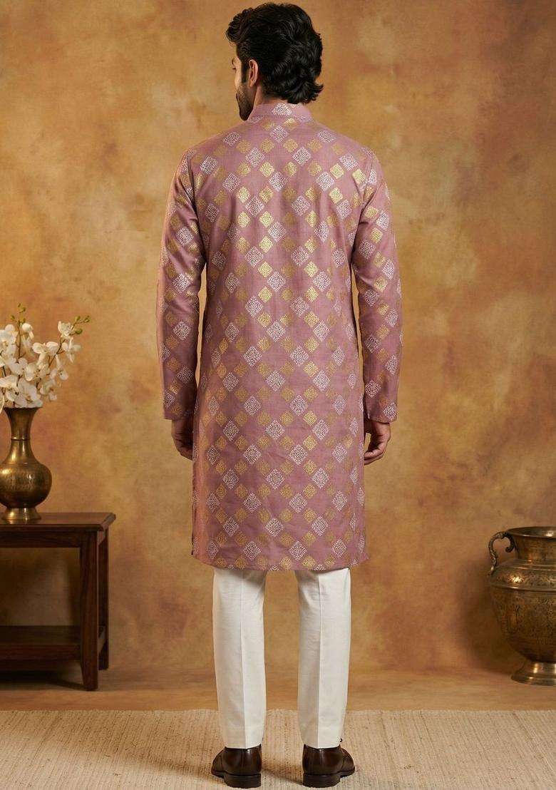 Purple Printed Cotton Kurta Set For Men - Indya