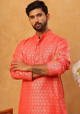 Peach Woven Design Cotton Kurta Set For Men