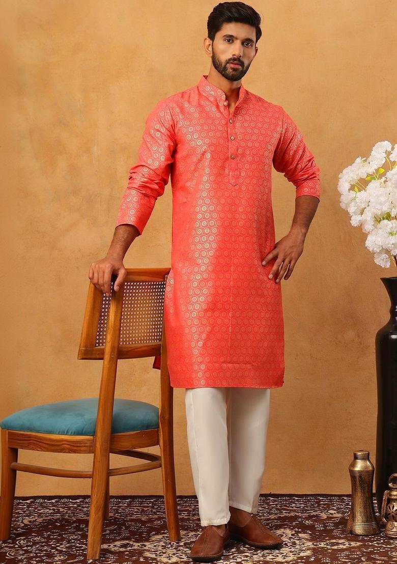 Peach Woven Design Cotton Kurta Set For Men - Indya