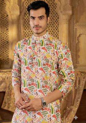 Multi Printed Silk Kurta Set For Men