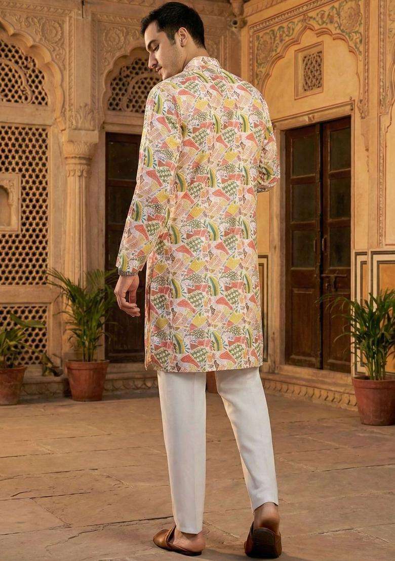 Multi Printed Silk Kurta Set For Men - Indya