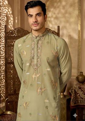 Olive Embroidered Cotton Kurta Set For Men