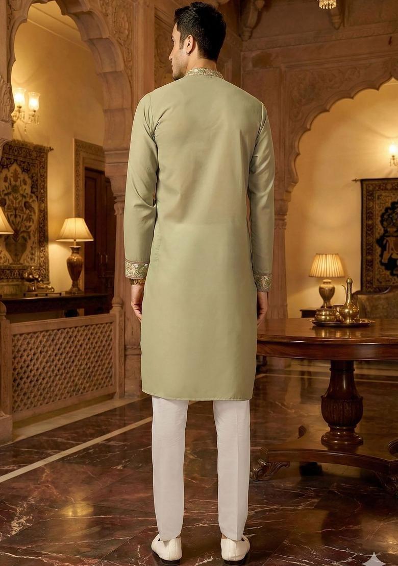 Olive Embroidered Cotton Kurta Set For Men - Indya