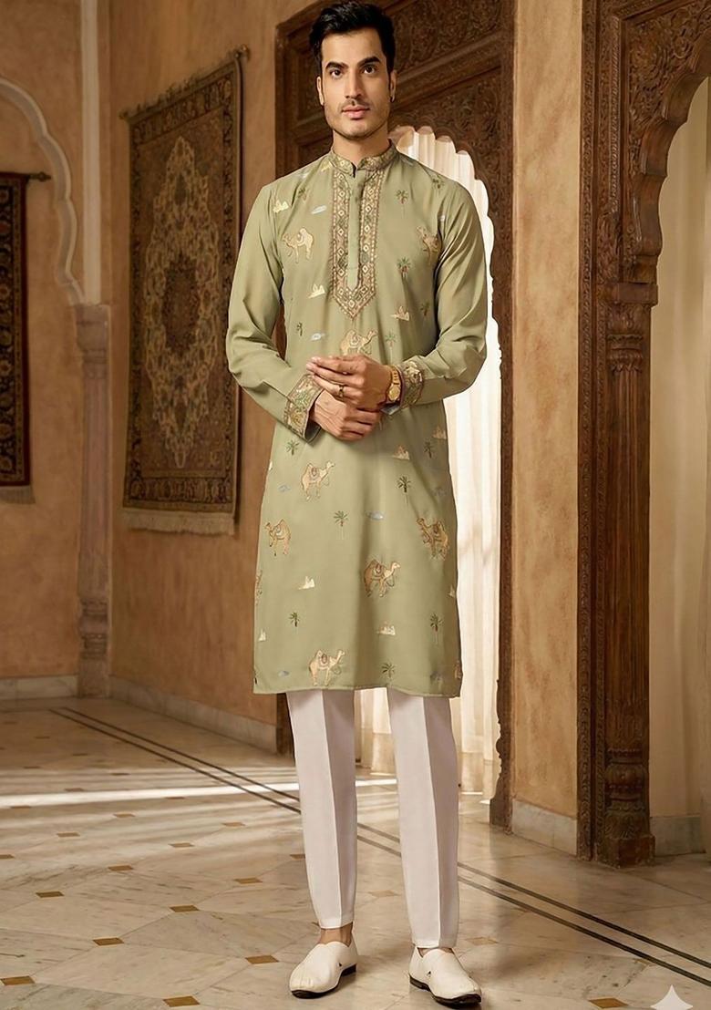 Olive Embroidered Cotton Kurta Set For Men - Indya