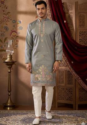 Grey Embroidered Silk Kurta Set For Men