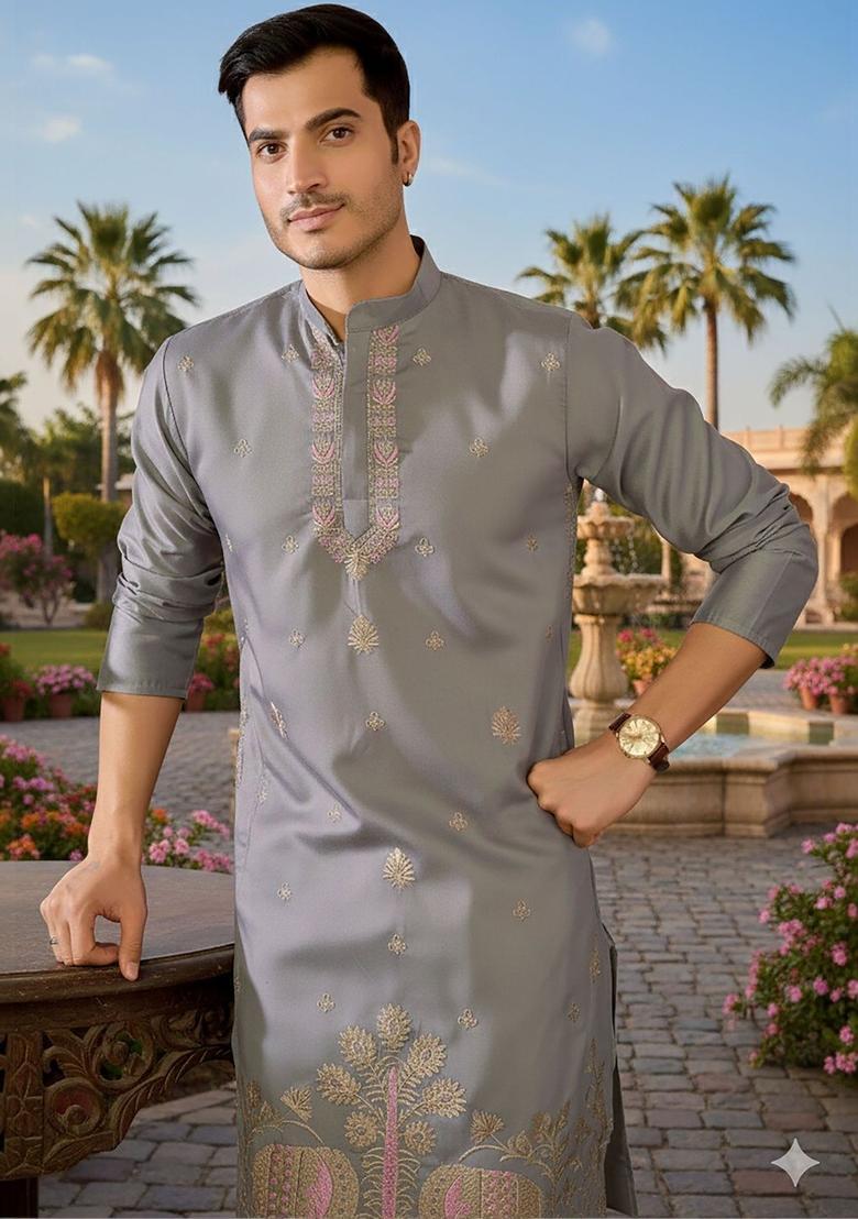 Grey Embroidered Silk Kurta Set For Men - Indya