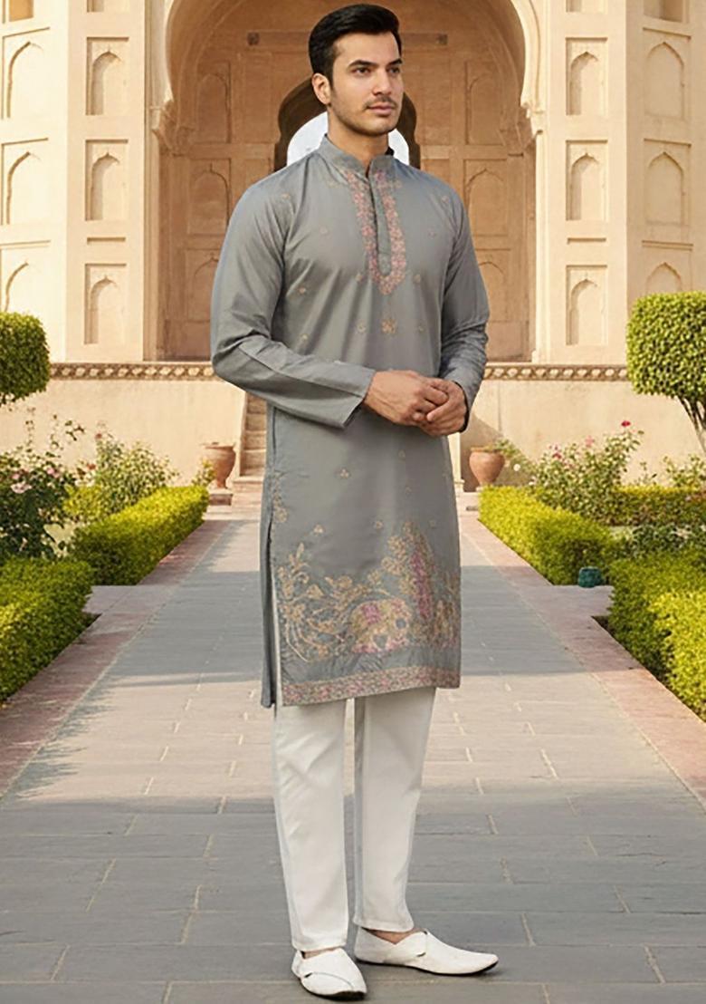 Grey Embroidered Silk Kurta Set For Men - Indya