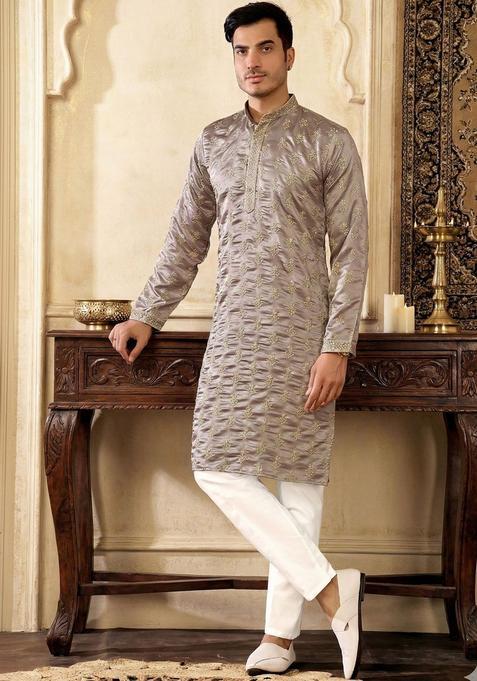 Grey Embroidered Cotton Kurta Set For Men