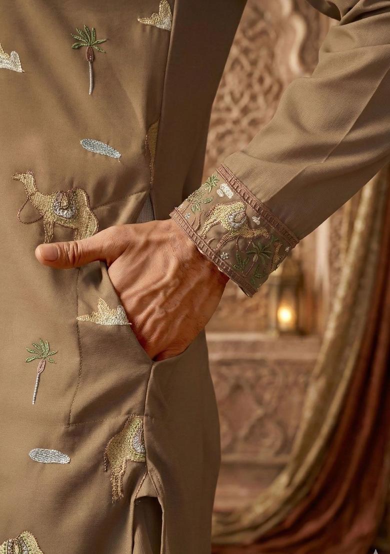 Beige Embroidered Silk Kurta Set For Men - Indya